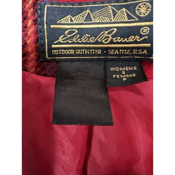 Vintage 90s Eddie Bauer Wool Red Tartan Plaid Long Coat Jacket Toggles Size S - Picture 14 of 16